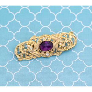 Vintage Art Deco Purple Gaze Gold Tone Brooch - R15